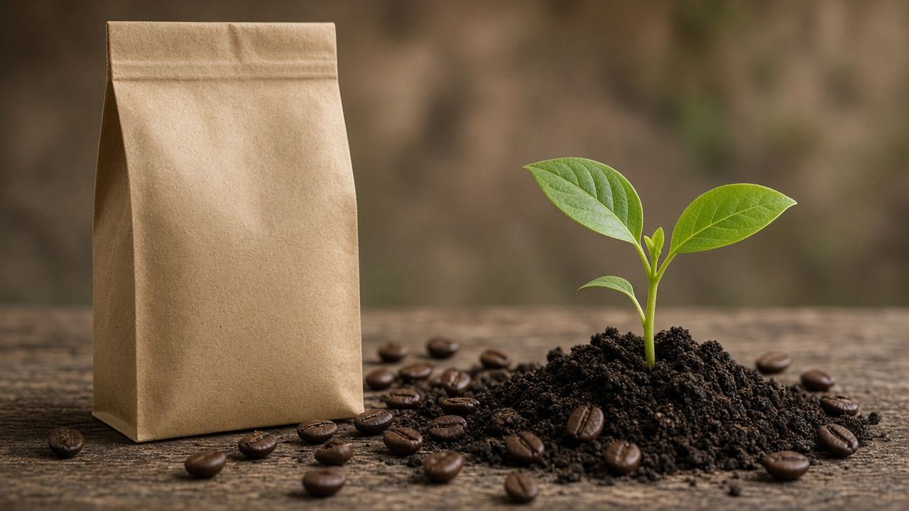 Bolsa de café ecológico junto a un brote de cafeto